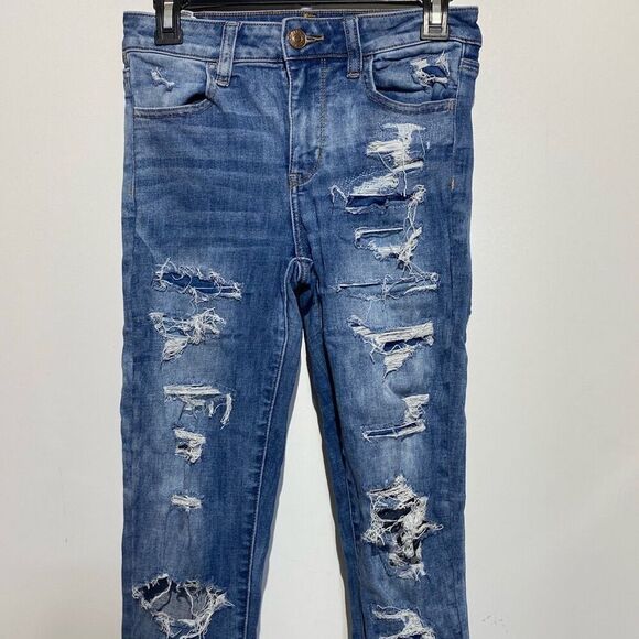 American Eagle Outfitters Women's Blue Distressed Hi-Rise Jegging Jeans Size 4 - Picture 4 of 11